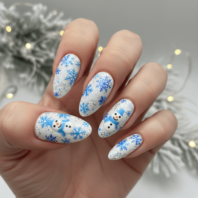 Winter Wonderland White Blue Snowflakes Silver Christmas Nails