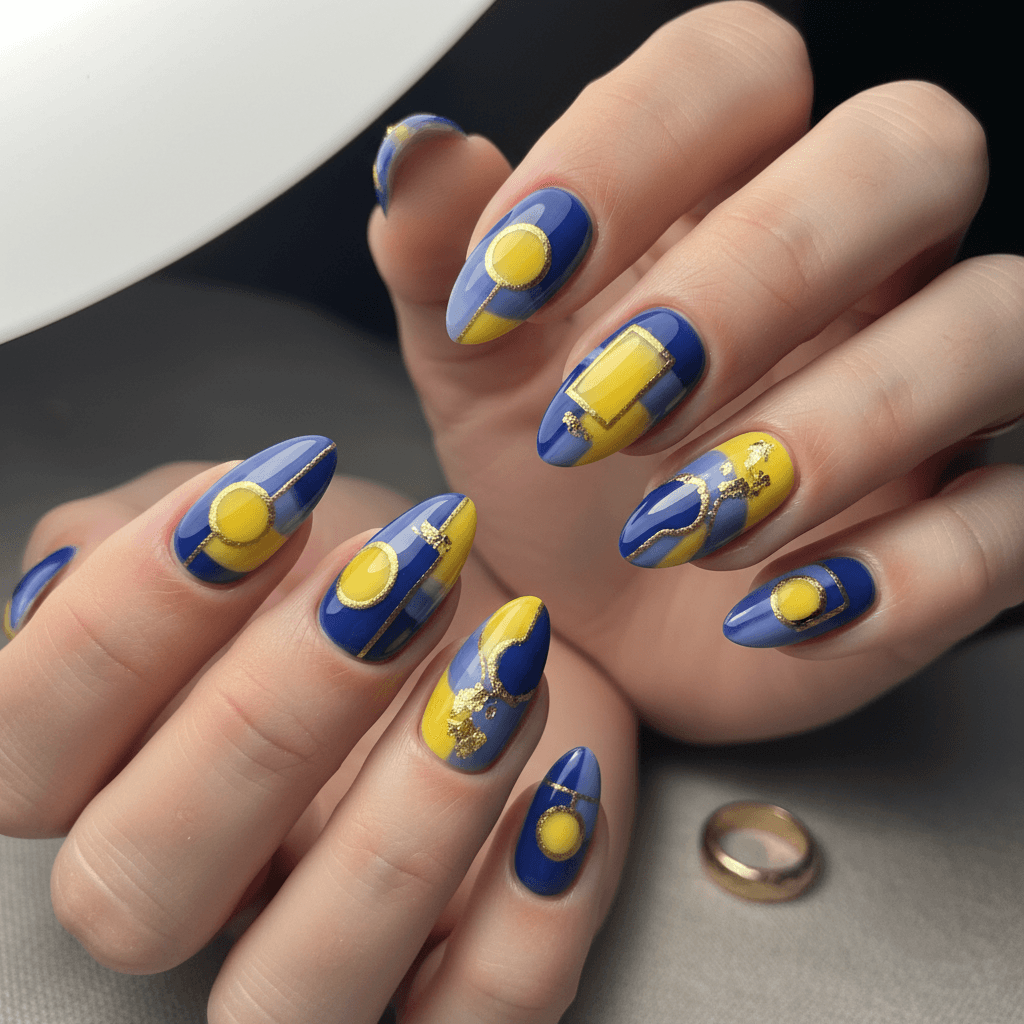 Abstract Blue Yellow Shapes Gold Abstract Nails