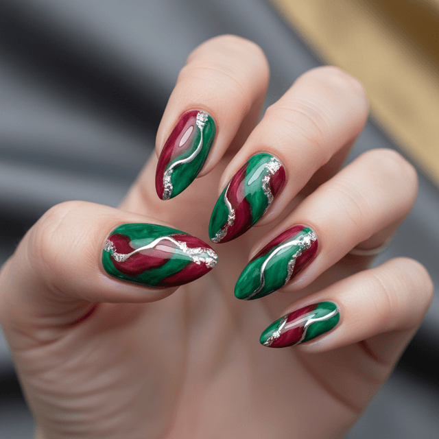 Red Green Silver Metallic Abstract Nails