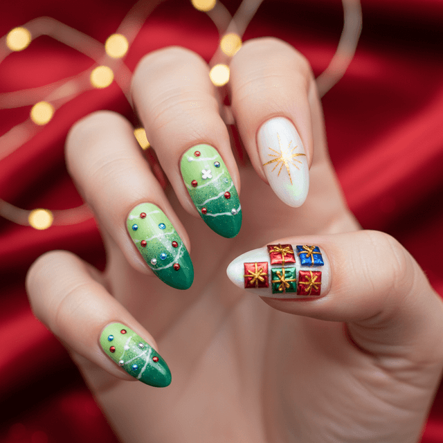 Green Gradient Gold Star Ring Finger Christmas Nails