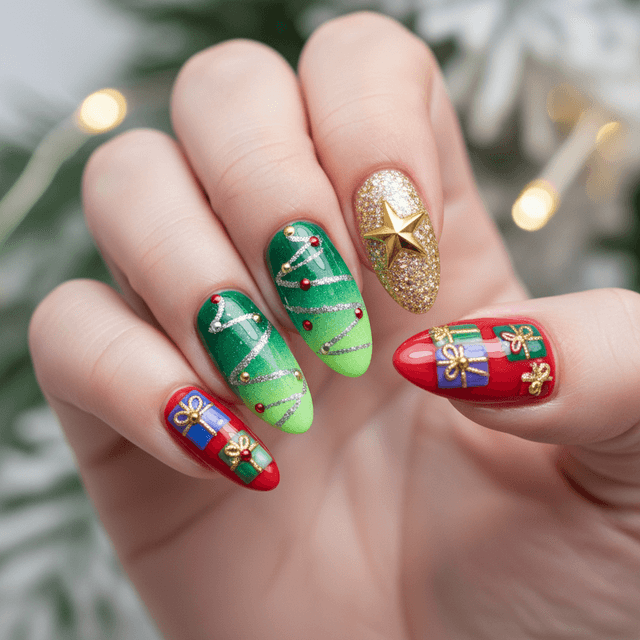 Green Gradient Gold Star Ring Finger Christmas Nails