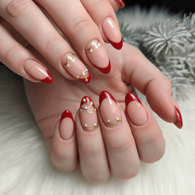 French Christmas Nude Red Gold Lights Christmas Nails