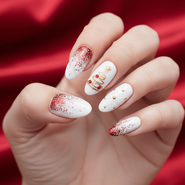 Red Gold Glitter Snowflake Christmas Tree Christmas Nails
