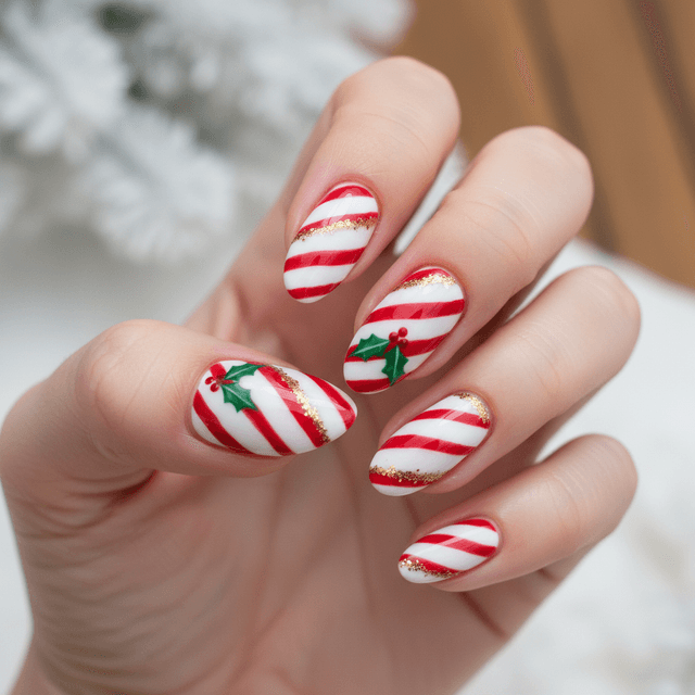 Red White Candy Cane Striped Green Christmas Nails