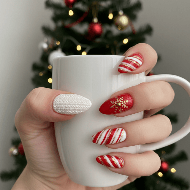 Cable Knit Red White Stripes Gold Christmas Nails