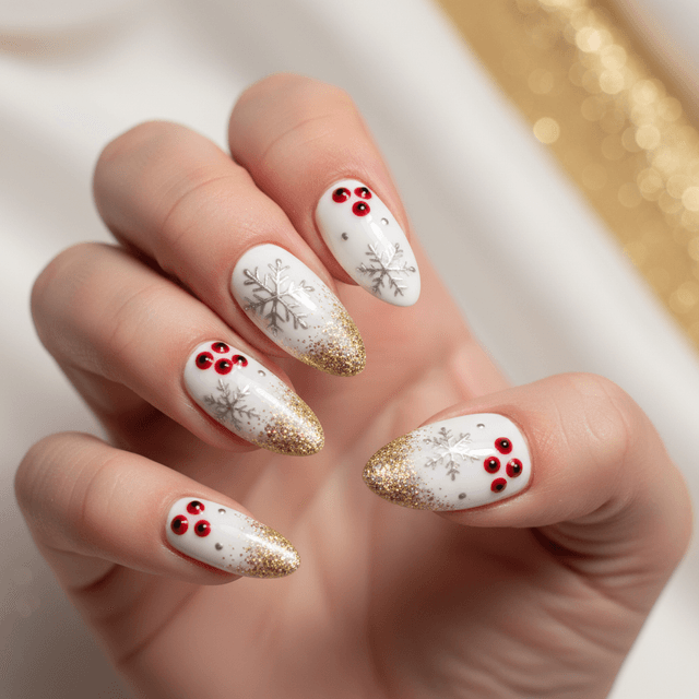 Silver Snowflakes Red Berries Gold Glitter Christmas Nails
