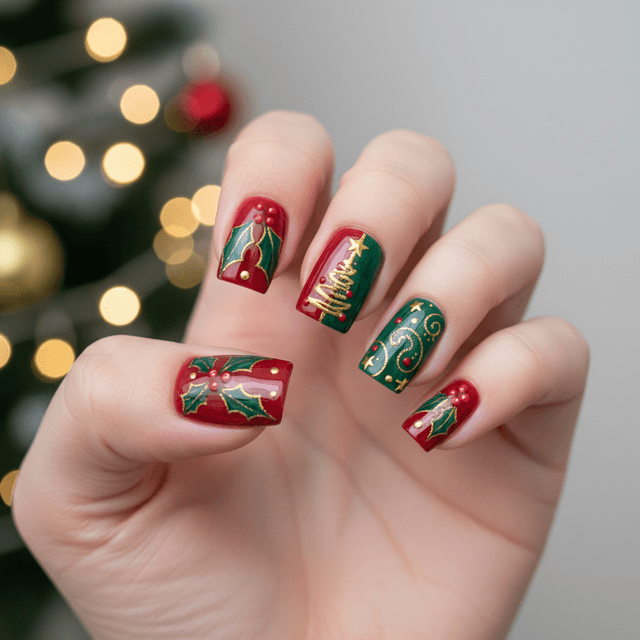 Short Square Festive Red Green Christmas Christmas Nails