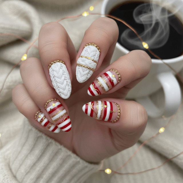 Cable Knit Red White Stripes Gold Christmas Nails