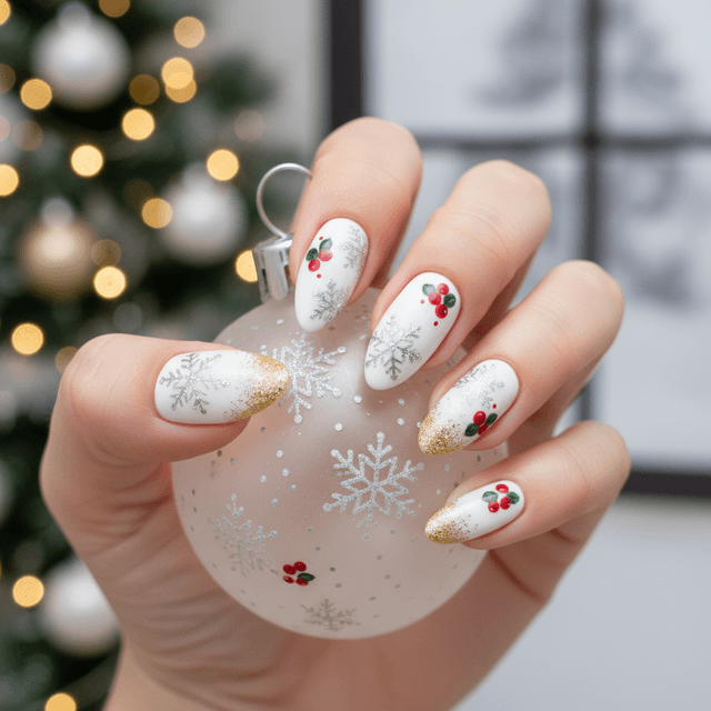 Silver Snowflakes Red Berries Gold Glitter Christmas Nails