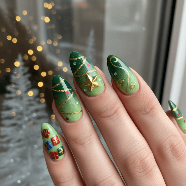 Green Gradient Gold Star Ring Finger Christmas Nails