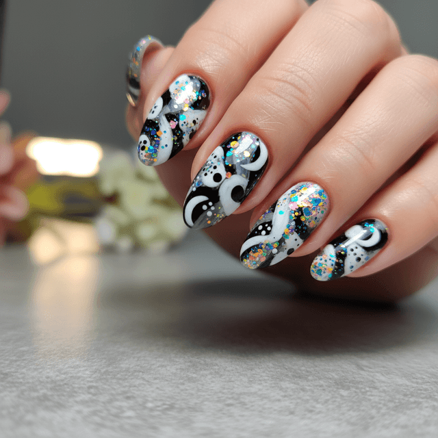 Black White Shapes Rainbow Glitter Abstract Nails