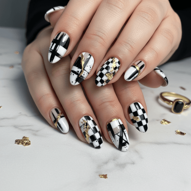 Abstract Black White Gold Abstract Nails