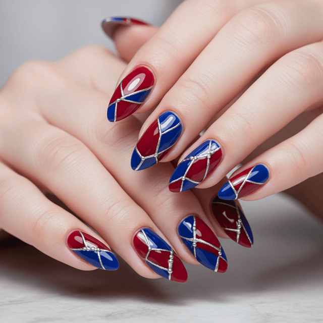 Abstract Red Blue Shapes Silver Abstract Nails