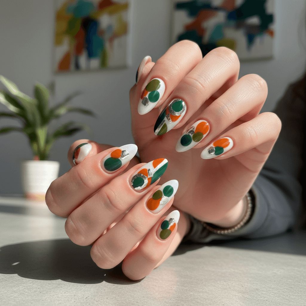Abstract Green Orange Shapes Silver Abstract Nails Abstract nail art
