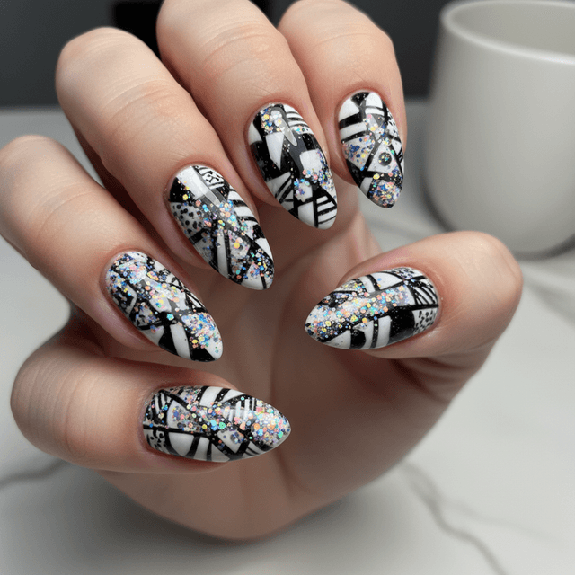 Black White Shapes Rainbow Glitter Abstract Nails
