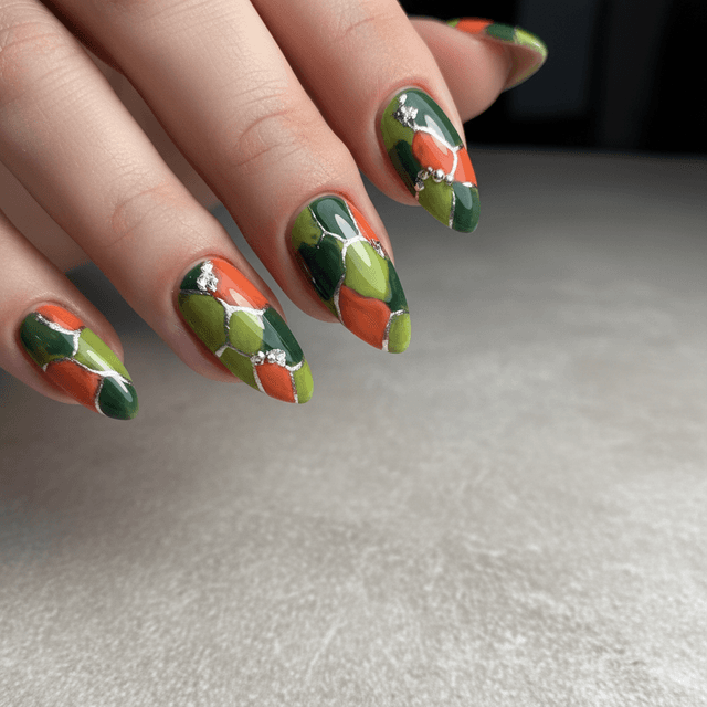 Abstract Green Orange Shapes Silver Abstract Nails