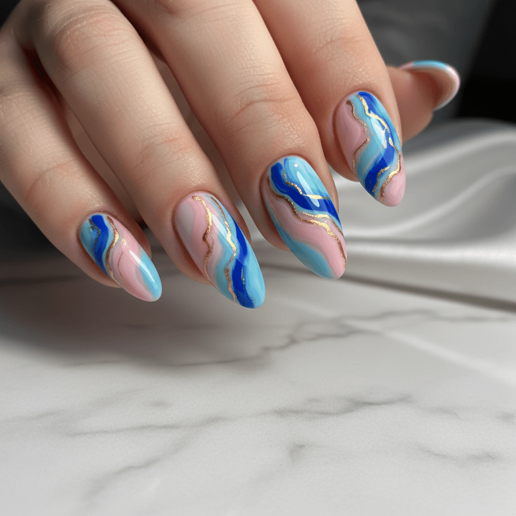 Abstract Pink Blue Gold Metallic Abstract Nails Abstract nail art