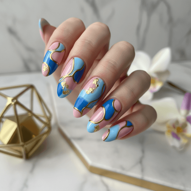 Abstract Pink Blue Gold Metallic Abstract Nails