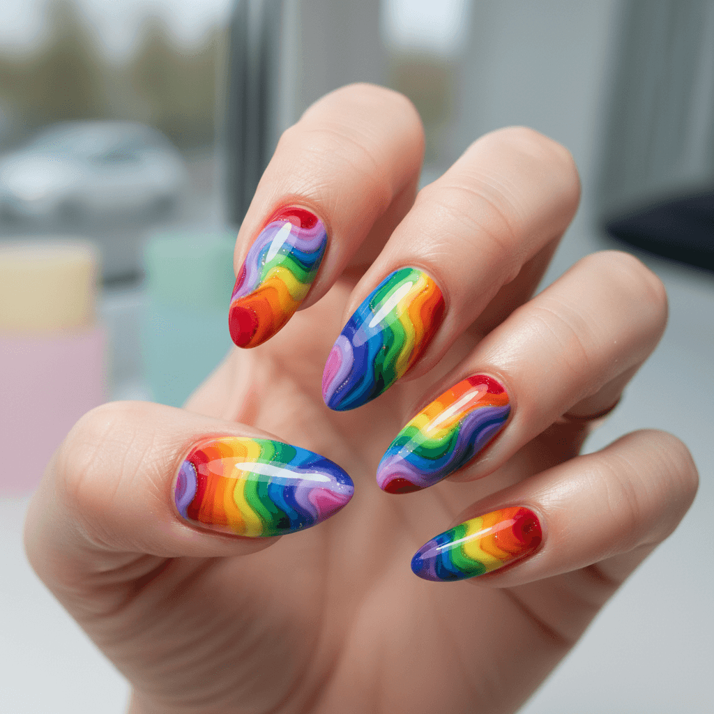 Rainbow Colors Flowing Lines Abstract Nails Abstract nail art