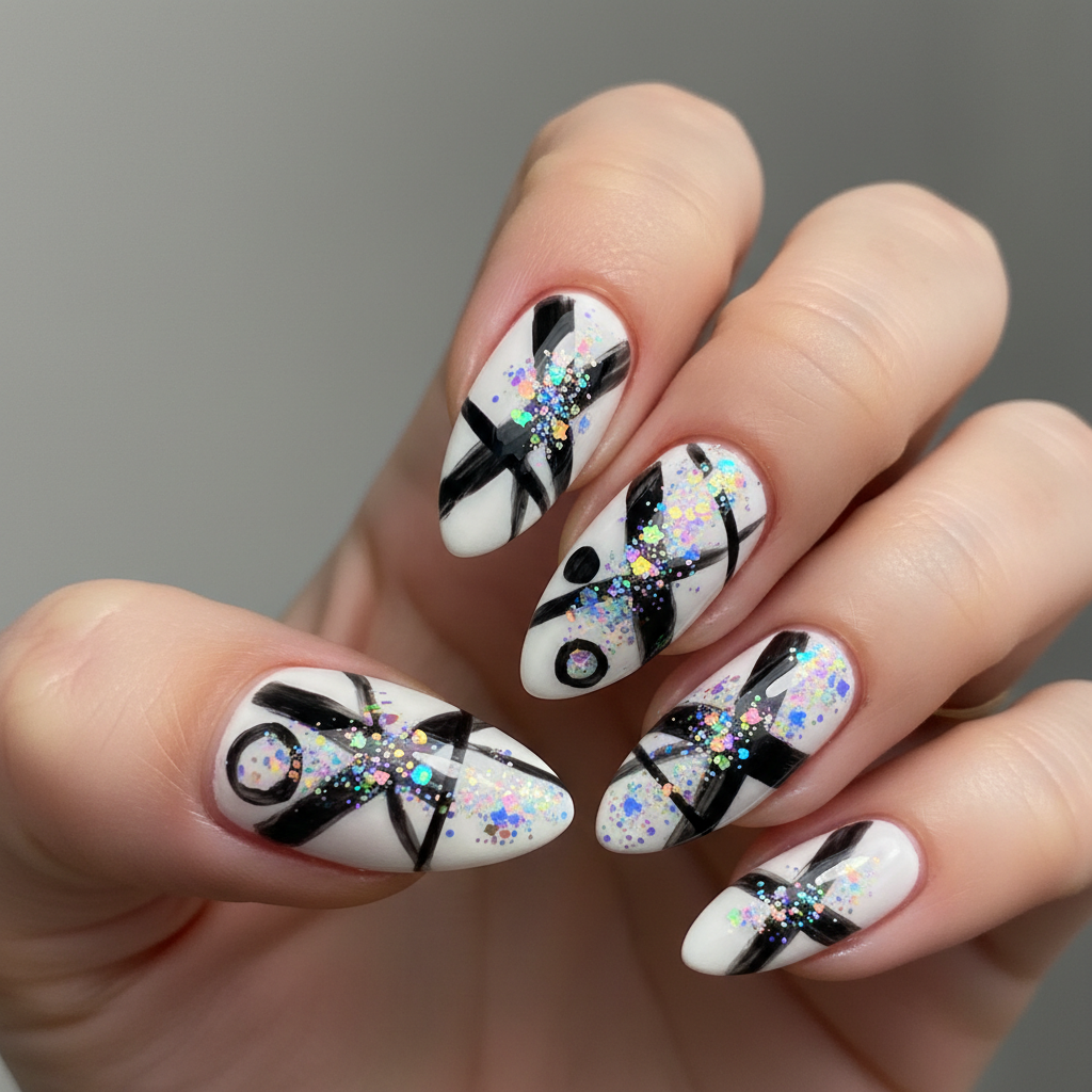 Black White Shapes Rainbow Glitter Abstract Nails Abstract nail art